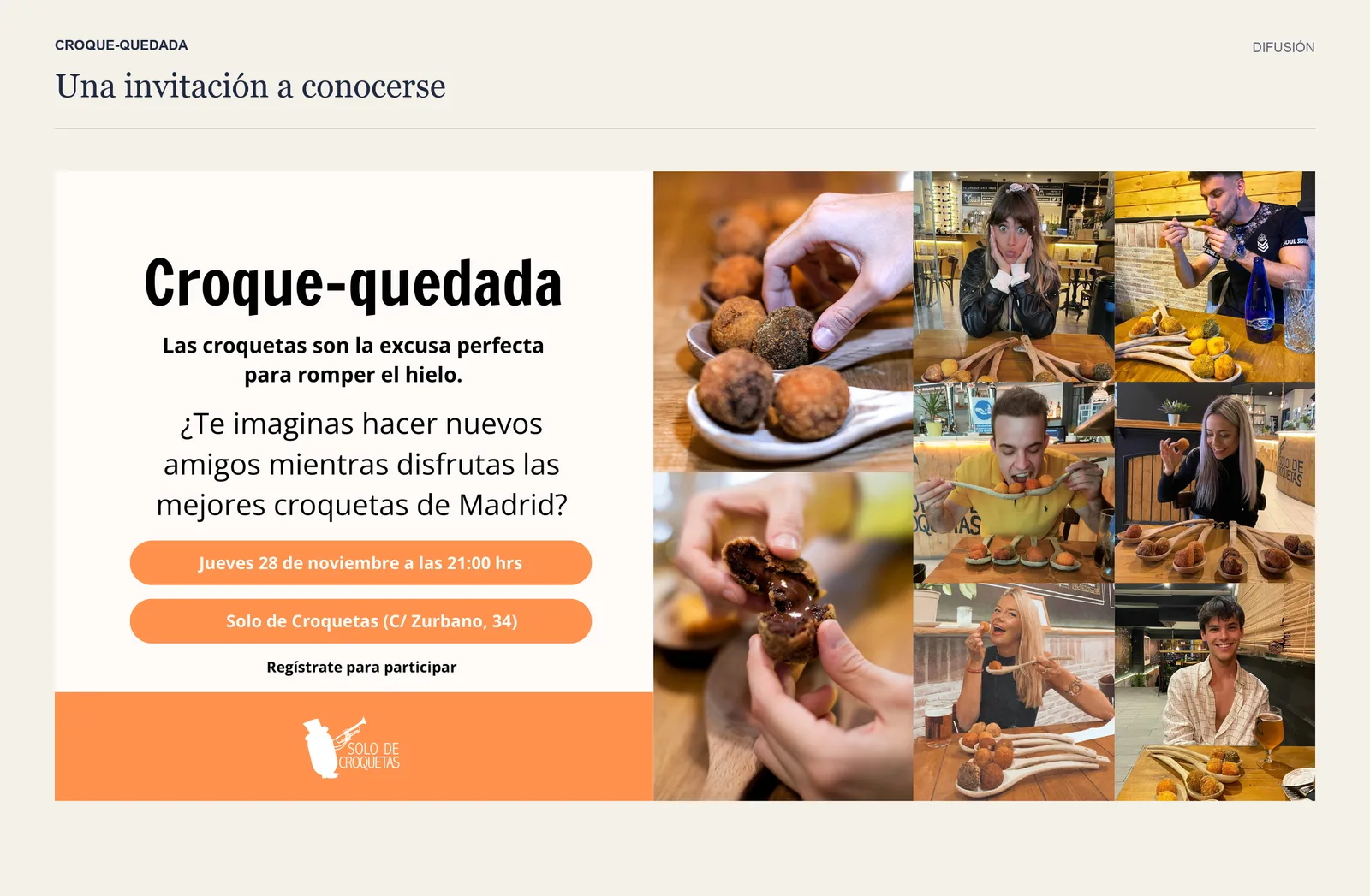 Cartel de Croque-quedada para el jueves 28 de noviembre en Solo de Croquetas, junto a fotografías de croquetas y de personas probándolas.