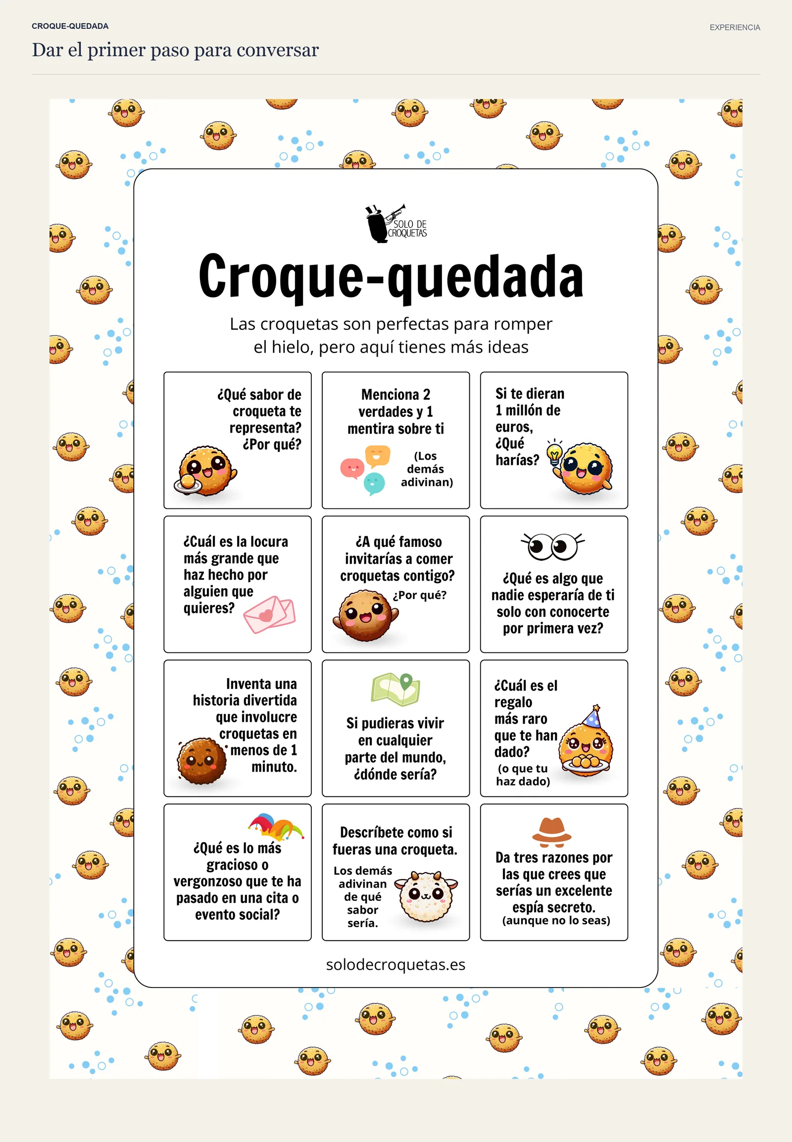 Hoja completa de Croque-quedada con 12 casillas de preguntas y juegos, ilustradas con personajes de croquetas.