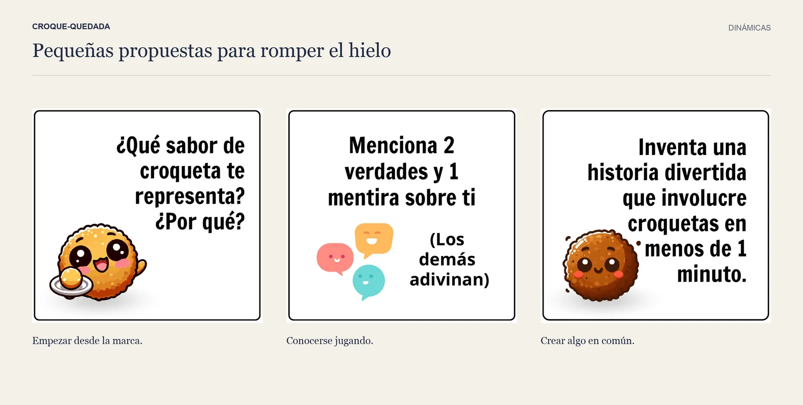 Tres casillas de la hoja de juegos: qué sabor de croqueta te representa, dos verdades y una mentira, e inventar una historia con croquetas.