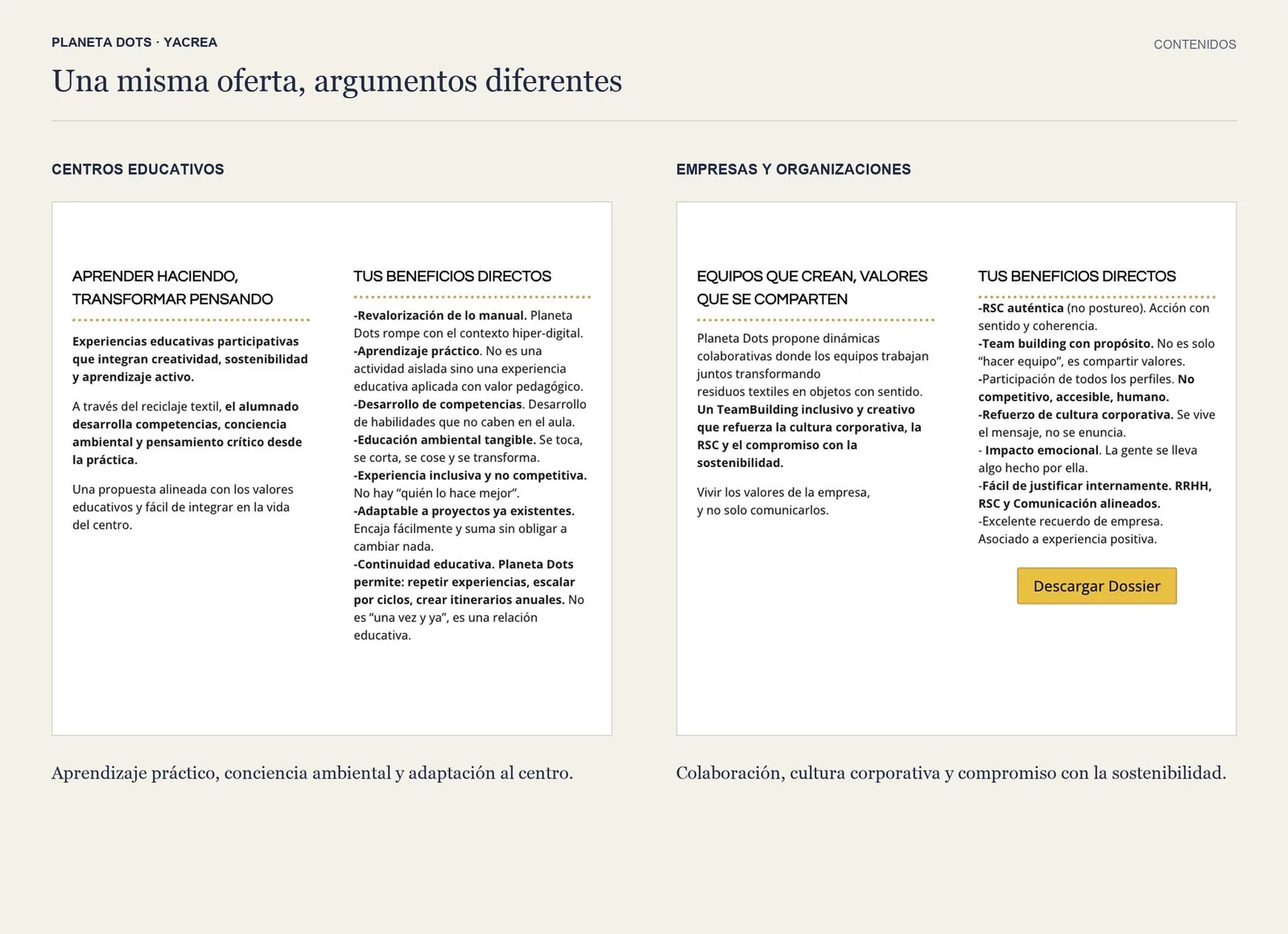 Comparación de los textos de las páginas para centros educativos y para empresas y organizaciones, cada una con sus beneficios.