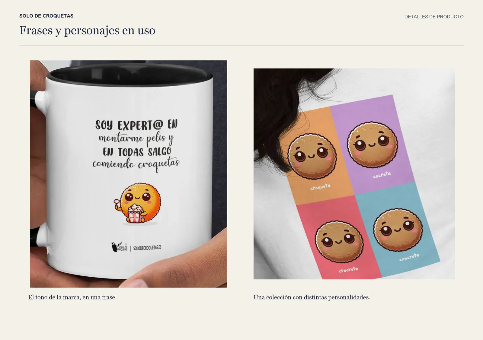 Taza con una frase sobre croquetas y sudadera con cuatro personajes, tal como se publicaron en la tienda online.