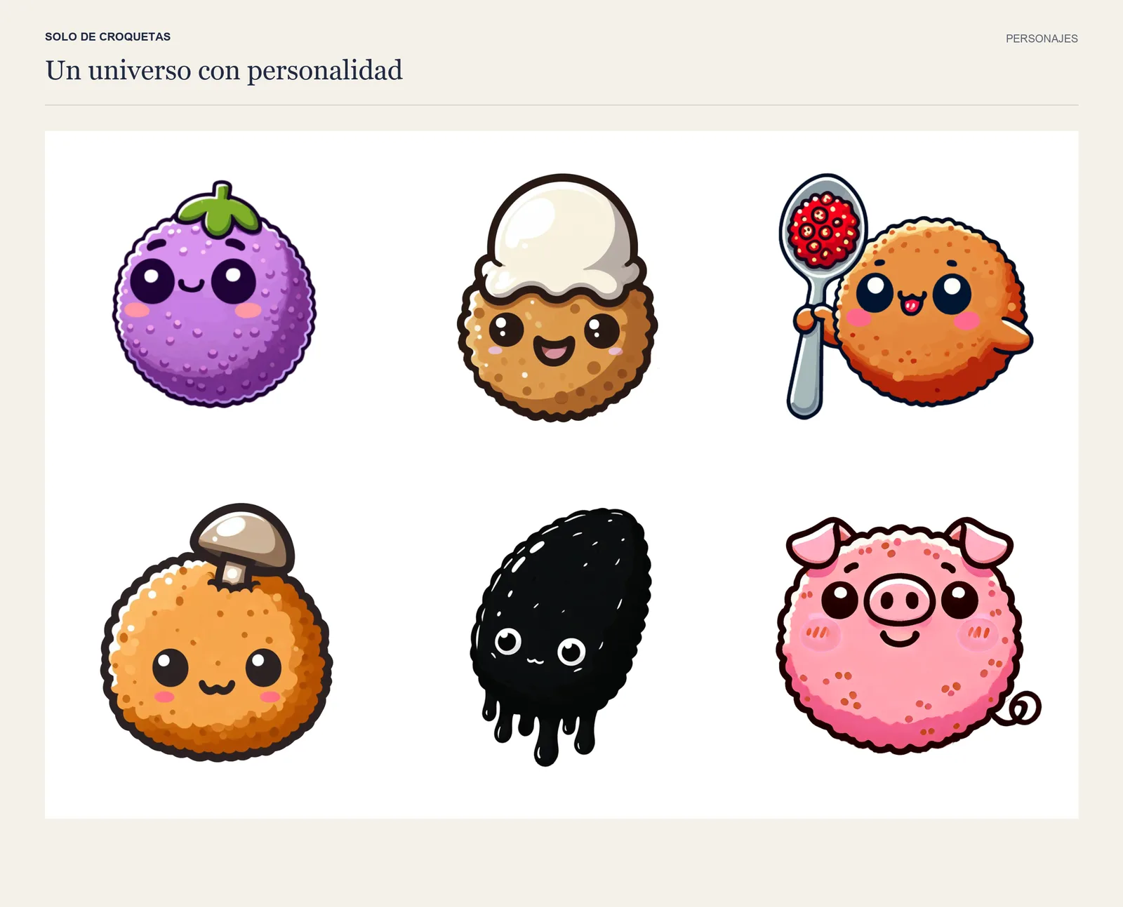 Seis personajes ilustrados en forma de croqueta, cada uno con rasgos de un sabor distinto.