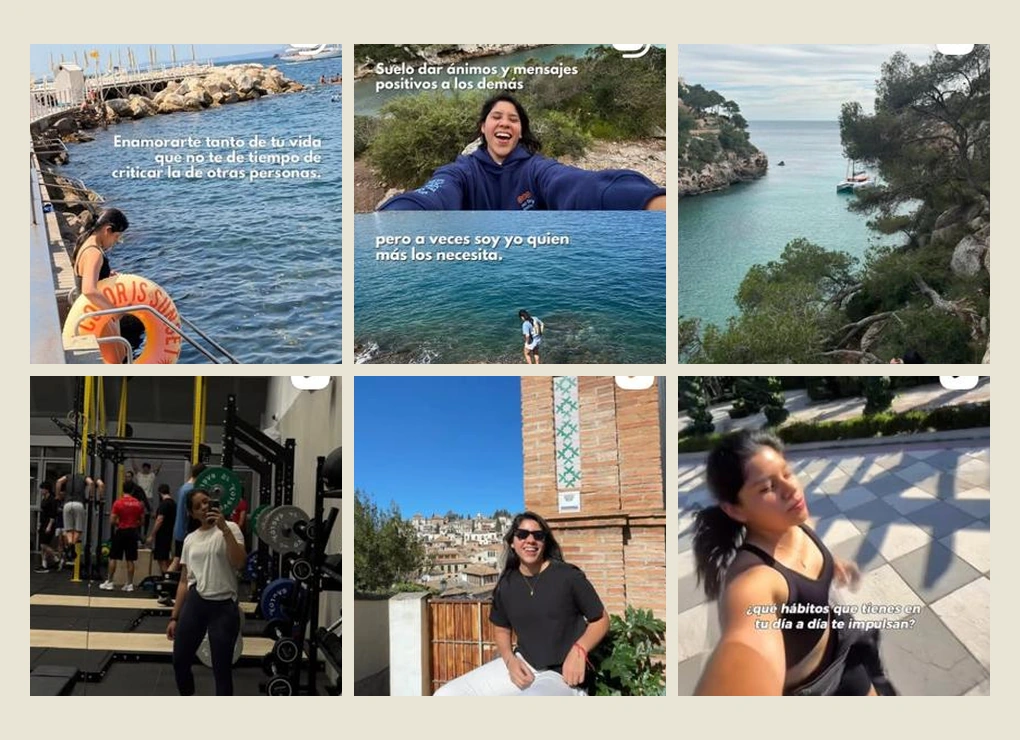 Seis publicaciones de Instagram de Zabrinna: frases sobre desarrollo personal, paisajes de costa, el gimnasio y retratos al aire libre.