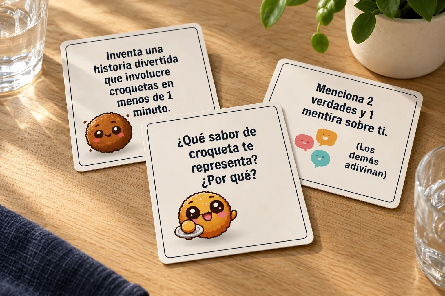 Tres tarjetas de dinámicas con personajes de croqueta sobre una mesa de madera: qué sabor te representa, dos verdades y una mentira, e inventar una historia.