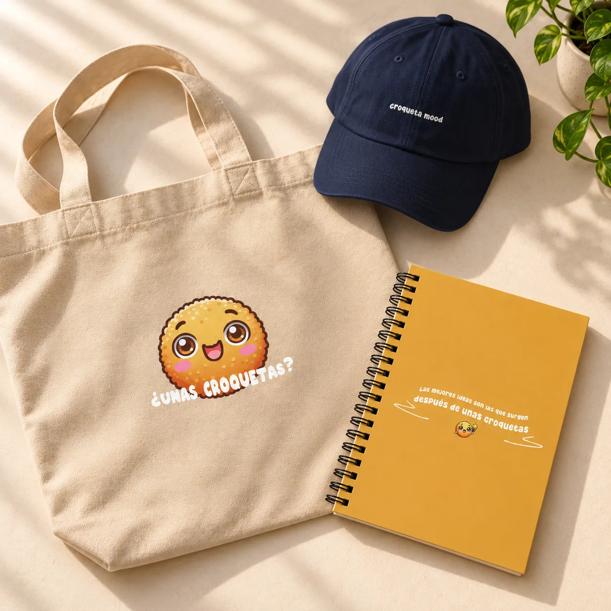 Bolsa de tela «¿Unas croquetas?», gorra navy «croqueta mood» y libreta amarilla de Solo de Croquetas sobre una mesa clara.